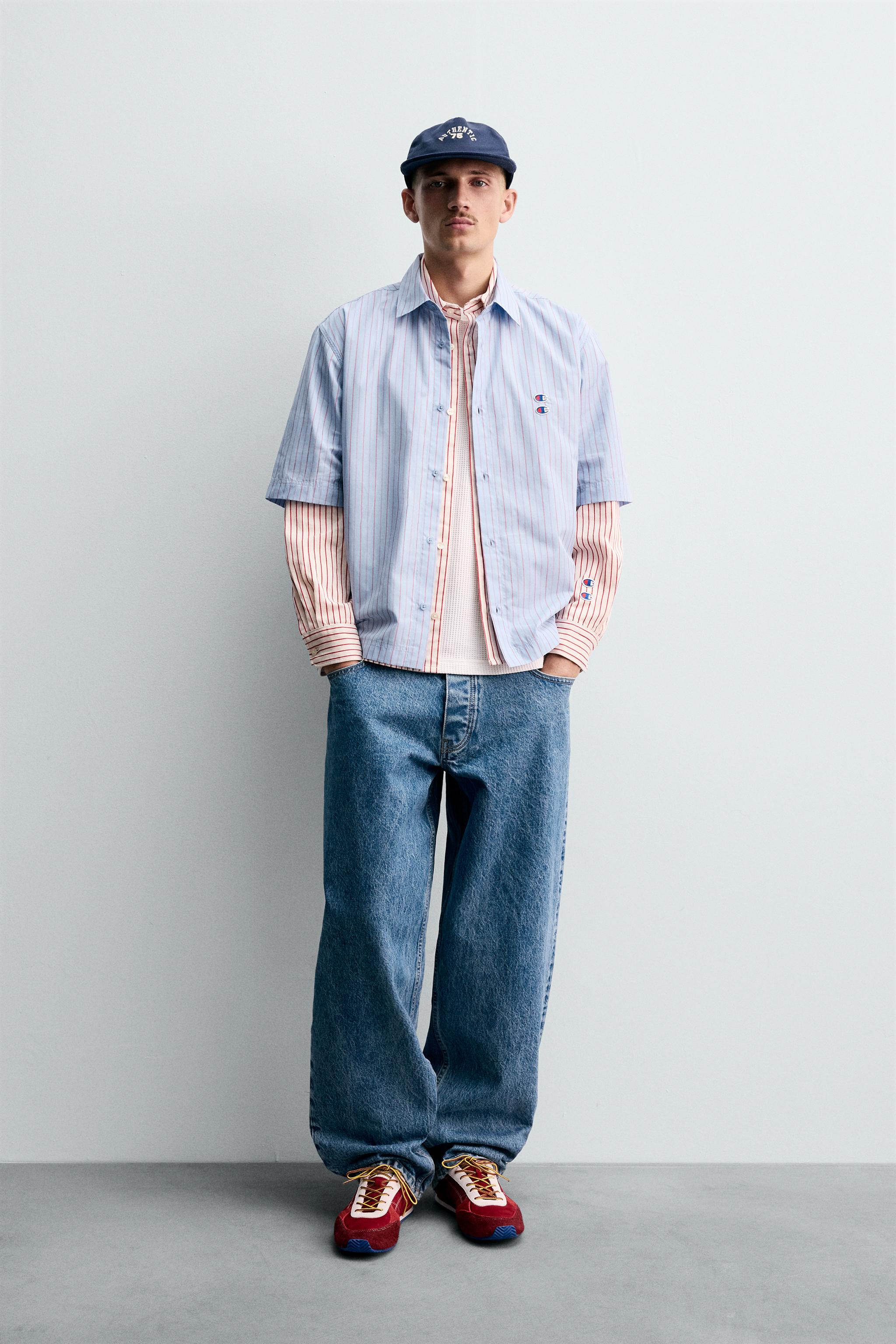 Liberta ジャケット シャツ バッグ セット ストライプ柄パッチ付きシャツ CHAMPION ® X ZARA - ブルー