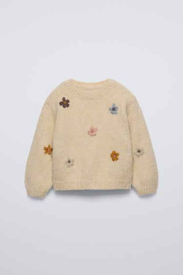 Zara FLORAL EMBROIDERY KNIT SWEATER - Light beige - Image 0