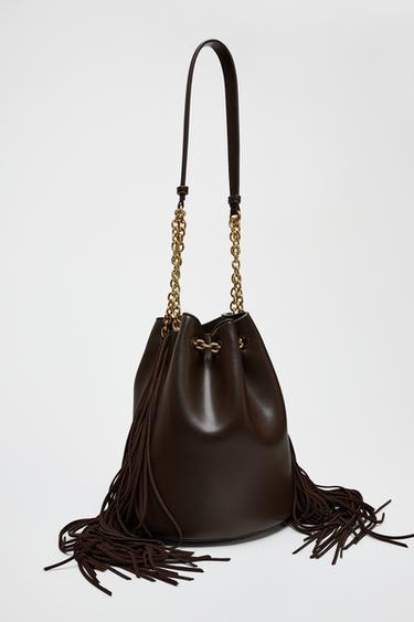 CYLINDRICAL BUCKET BAG WITH FRINGING - Brown by Zara - Image 4