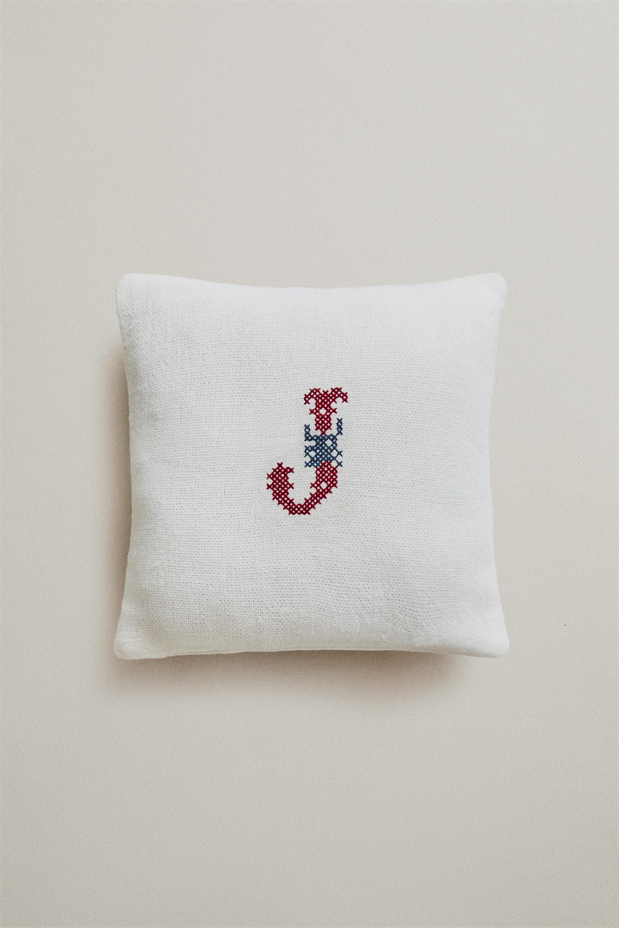 LINEN LETTER J EMBROIDERED CUSHION — Ecru