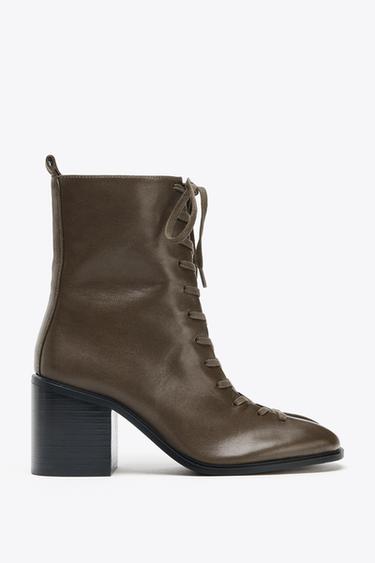 LEATHER LACE-UP ANKLE BOOTS - Taupe Grey by Zara