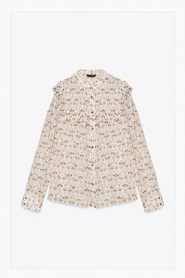 Zara PRINTED RUFFLED SHIRT - Tans