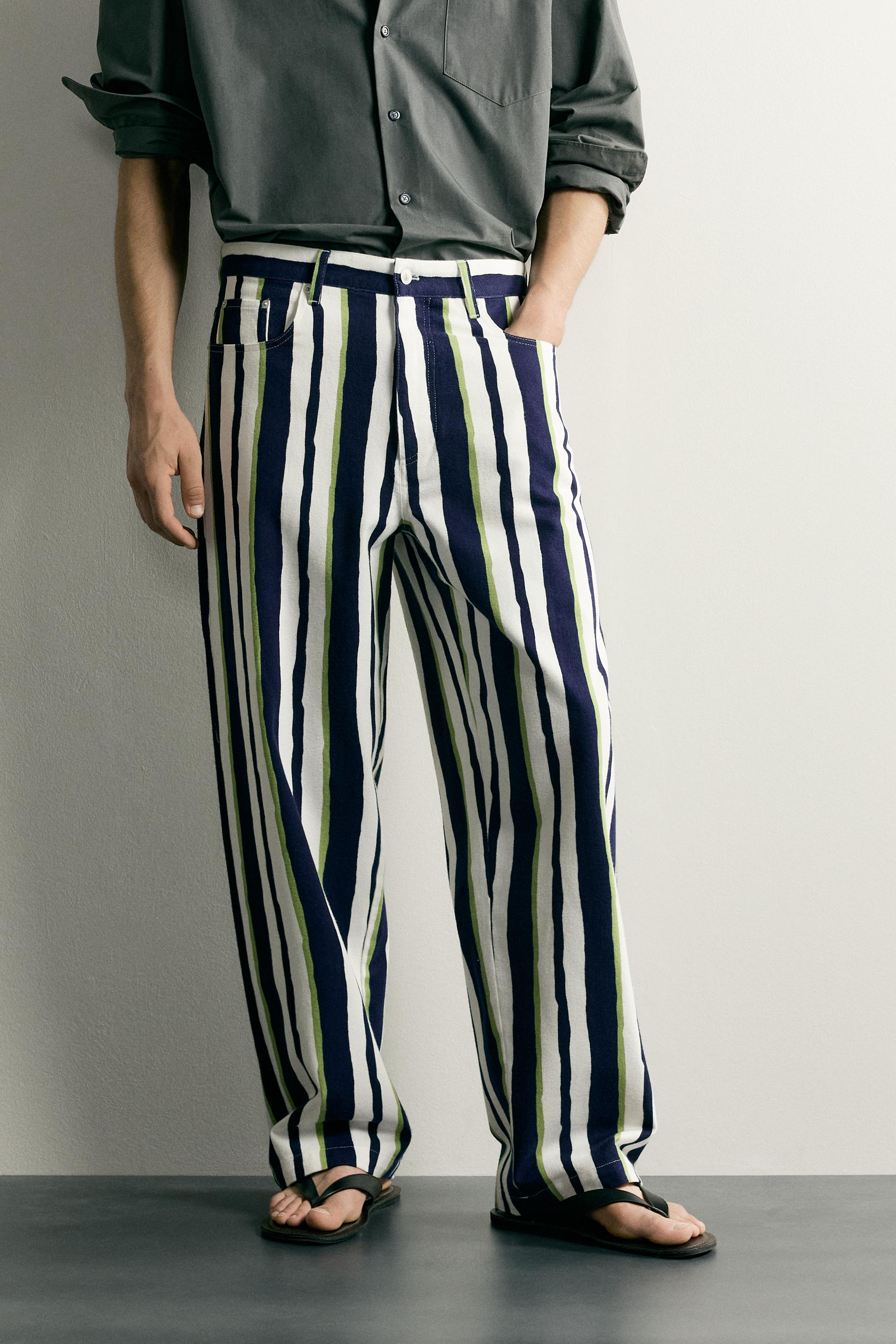 STRIPED STRAIGHT FIT PANTS — Navy blue