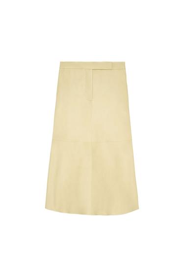 Straight-cut beige skirt with a high waist and concealed fastening, presented on a white background.