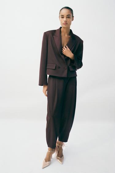 Zara SATIN DOUBLE BREASTED BLAZER - Dark brown