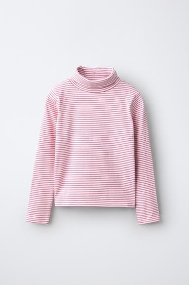 STRIPED TURTLENECK T-SHIRT IN COTTON BLEND AND MODAL - Pink by Zara