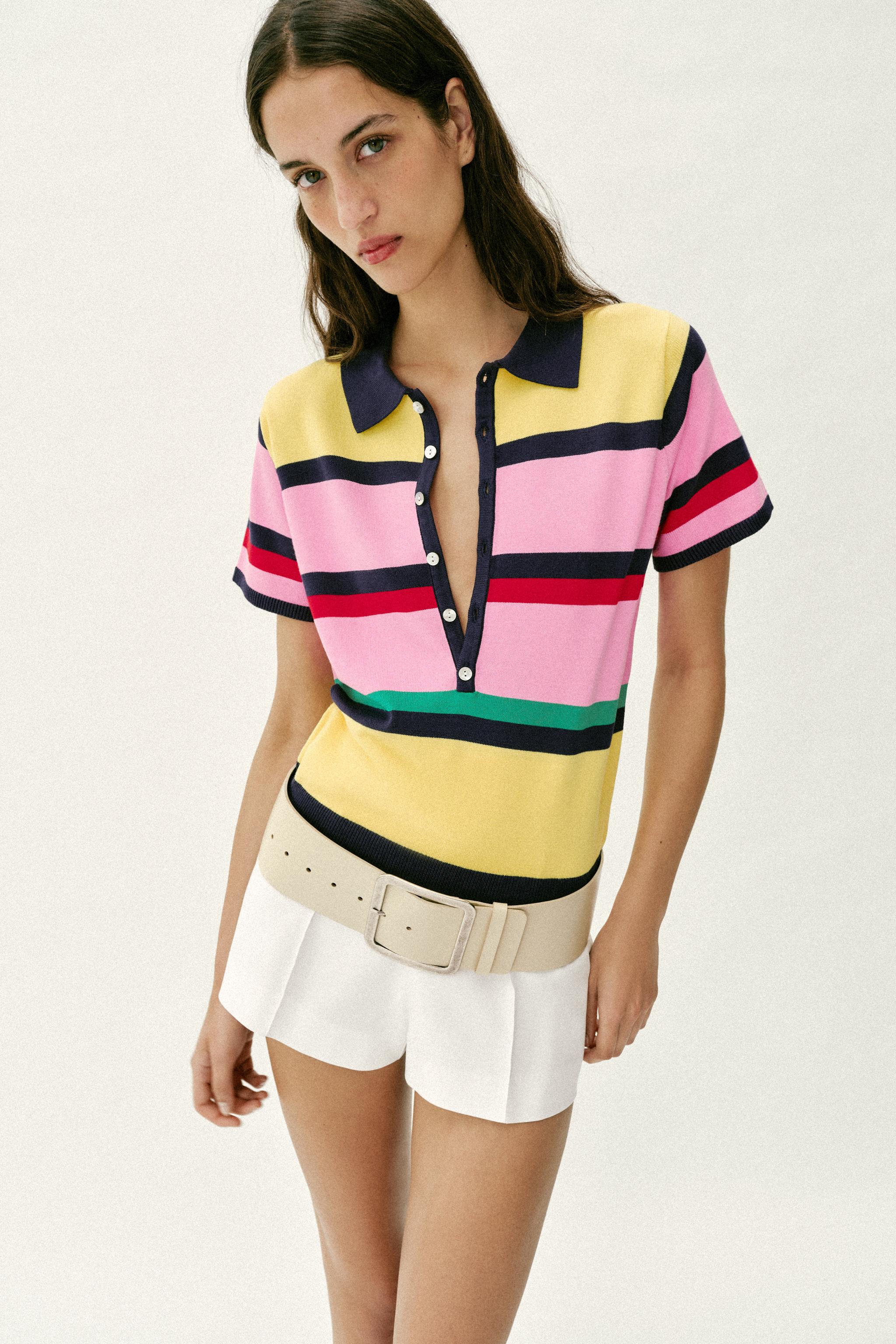 STRIPED KNIT POLO TOP