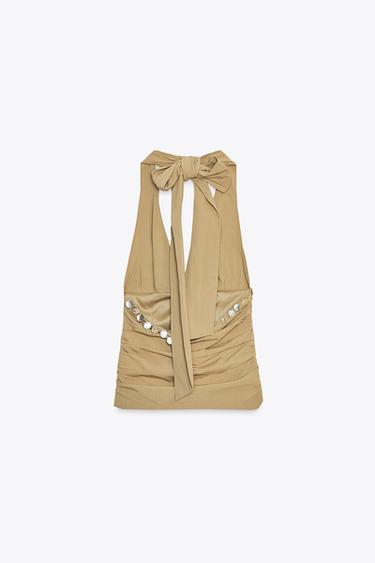 BEADED HALTER TOP - camel by Zara - Image 2