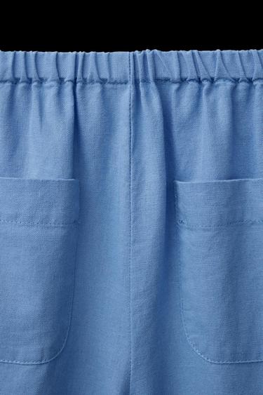 Zara LINEN COTTON TIE PANTS - Blue