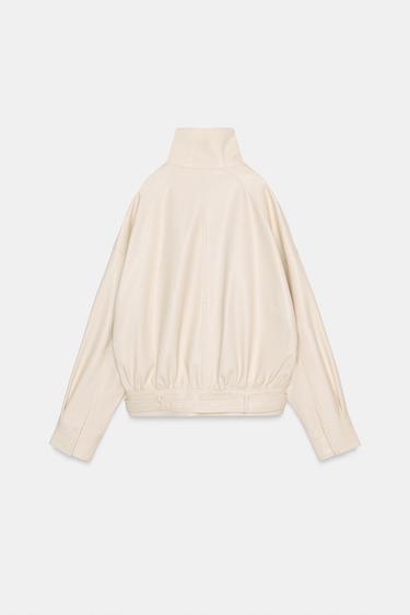 OVERSIZE LEATHER EFFECT BOMBER JACKET - Cream by Zara - Image 7