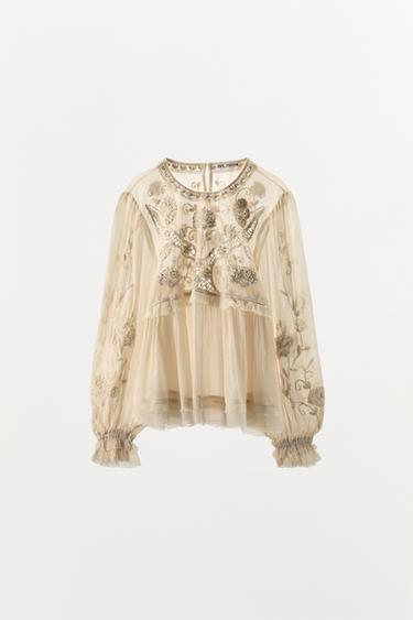 BLOUSE STRUCTURÉE BRODERIES FANTAISIE - Blanc cassé de Zara - Image 4