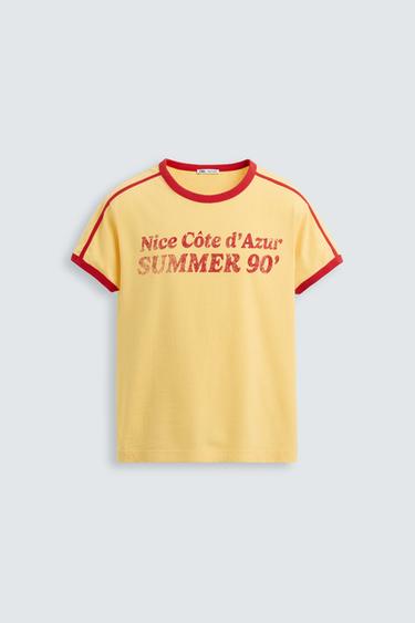 Zara CONTRAST RIB TEXT T-SHIRT - Yellow