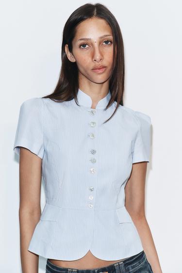 SHORT SLEEVE BUTTON-UP TOP - Blue/White by Zara - Image 0