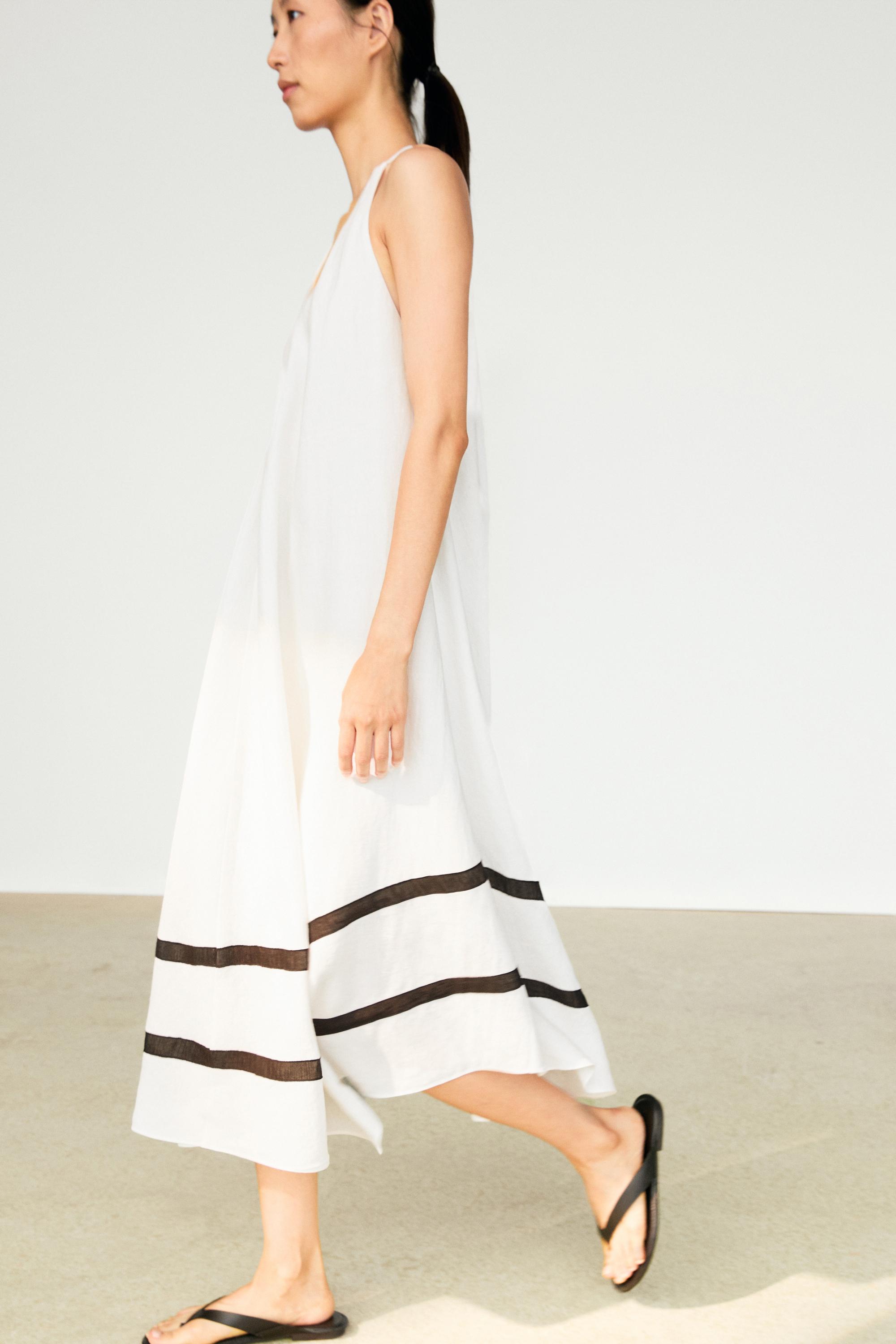 Linen blend midi dress with contrast stripe detail