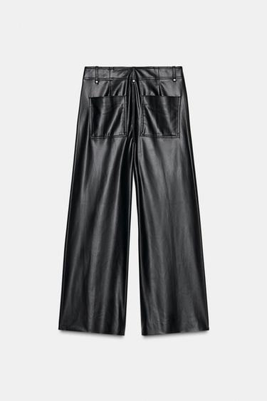 Zara ZW COLLECTION FAUX LEATHER TAILORED WIDE LEG PANTS - Black
