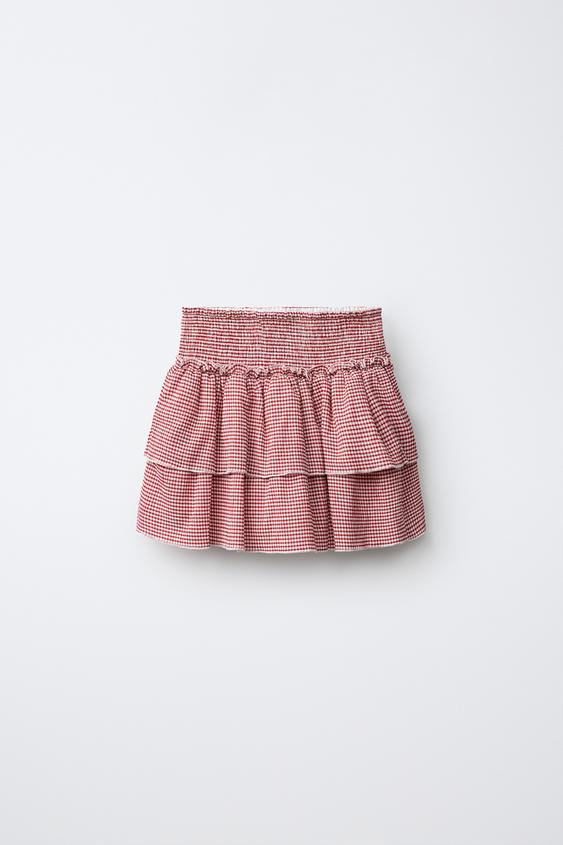 GINGHAM CHECK PRINT RUFFLES SKIRT - Red by Zara - Image 0