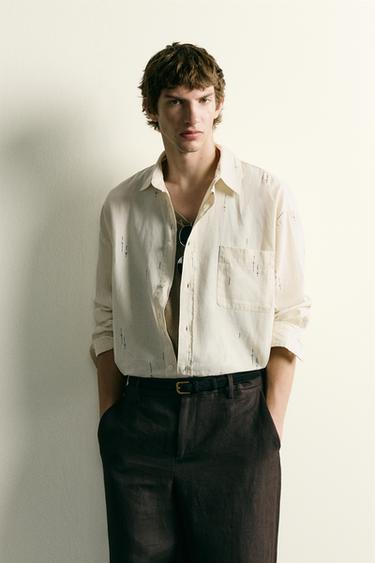 Zara EMBROIDERED COTTON-LINEN RELAXED FIT SHIRT - Ecru