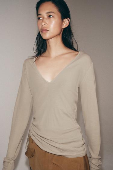 V-NECK T-SHIRT WITH TIES - Brown / Taupe by Zara - Image 1