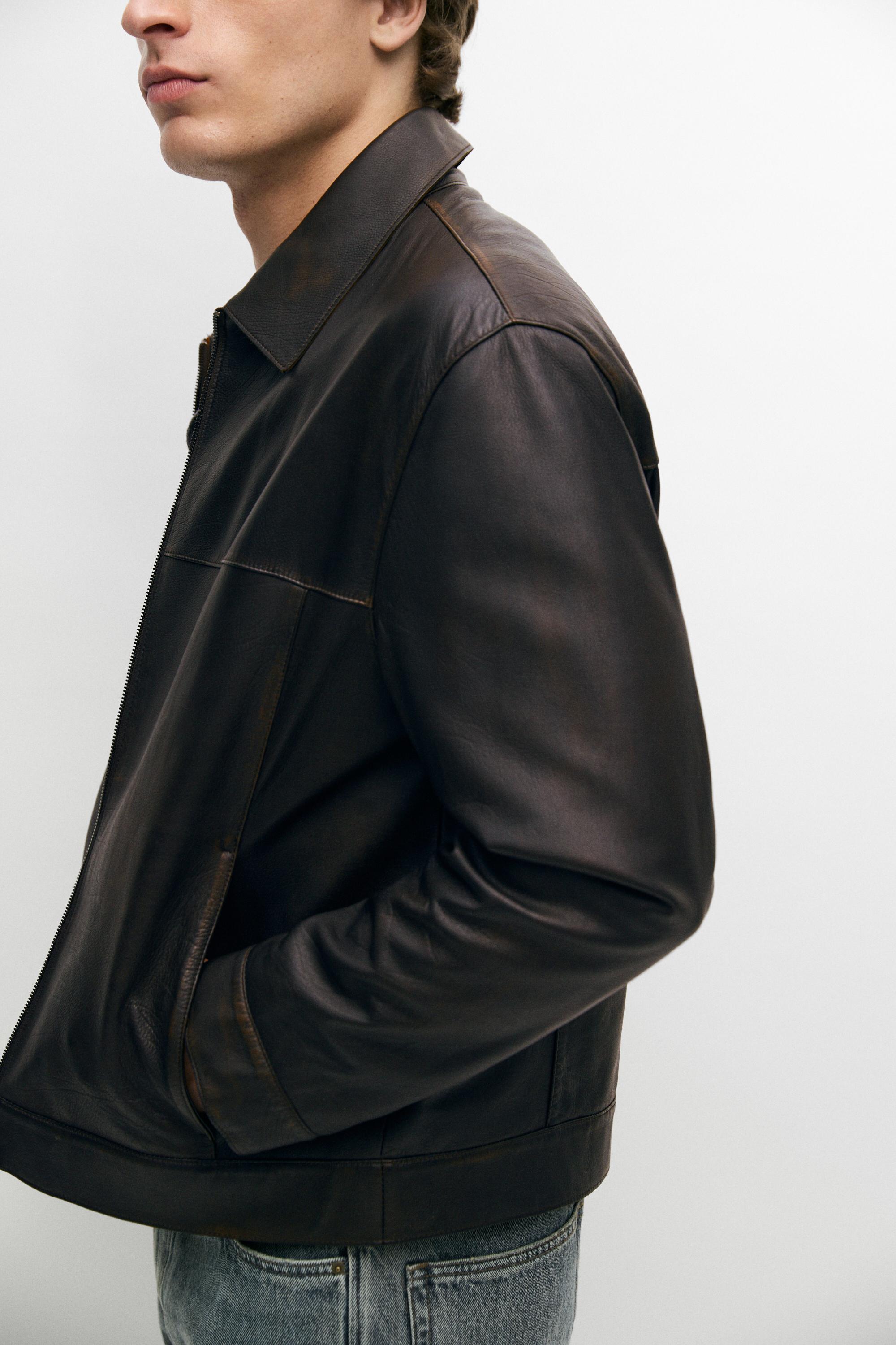 Blouson à col en cuir nappa
