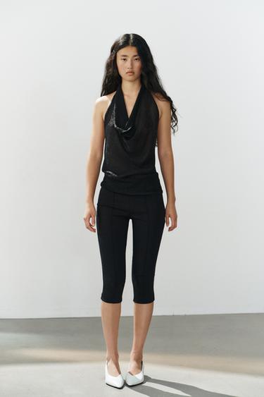 Zara PLETENI TOP SA AMERIČKIM IZREZOM I METALIK NITIMA – Crna