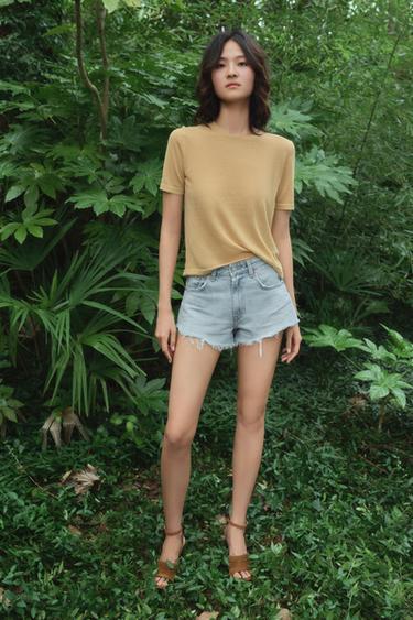 SHORT SLEEVE KNIT LINEN BLEND TOP - Mid-yellow by Zara