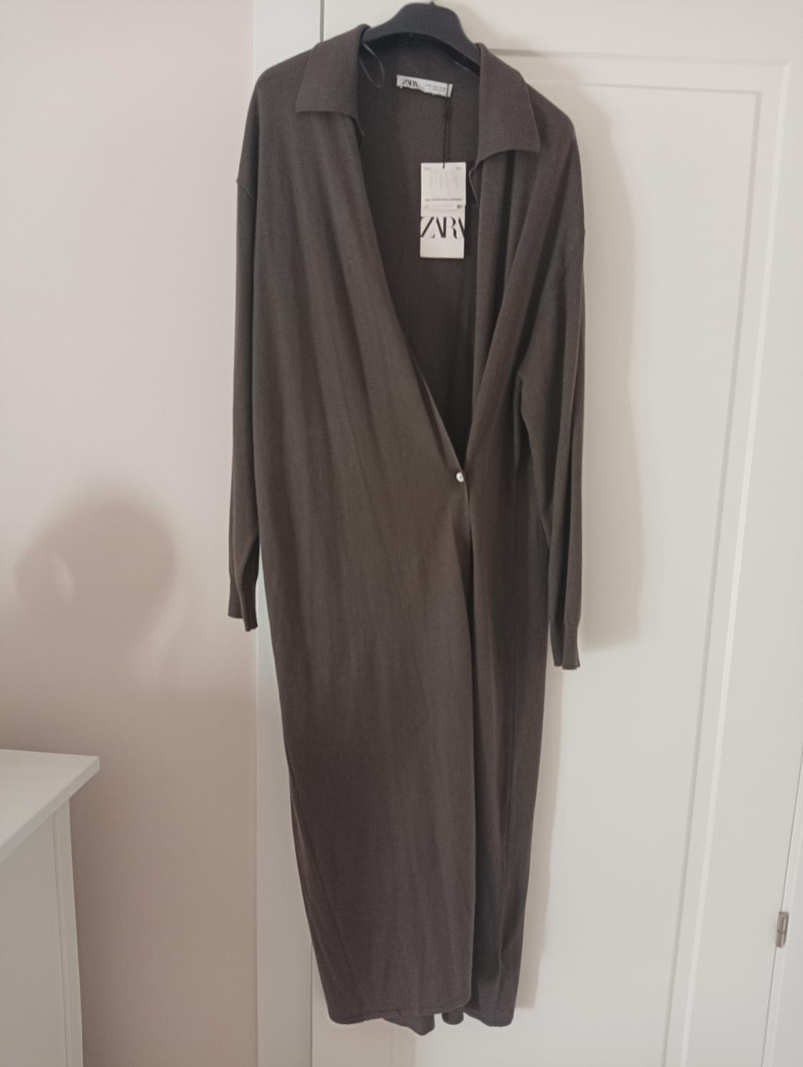 Long brown dress with a collar and long sleeves, hanging on a hanger. Visible label with the text "ZARA". White door in the background.