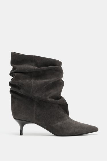 GATHERED SPLIT SUEDE ANKLE BOOTS - Grey by Zara - Image 0