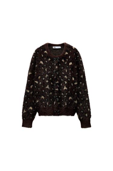 FUR EFFECT JACQUARD KNIT CARDIGAN