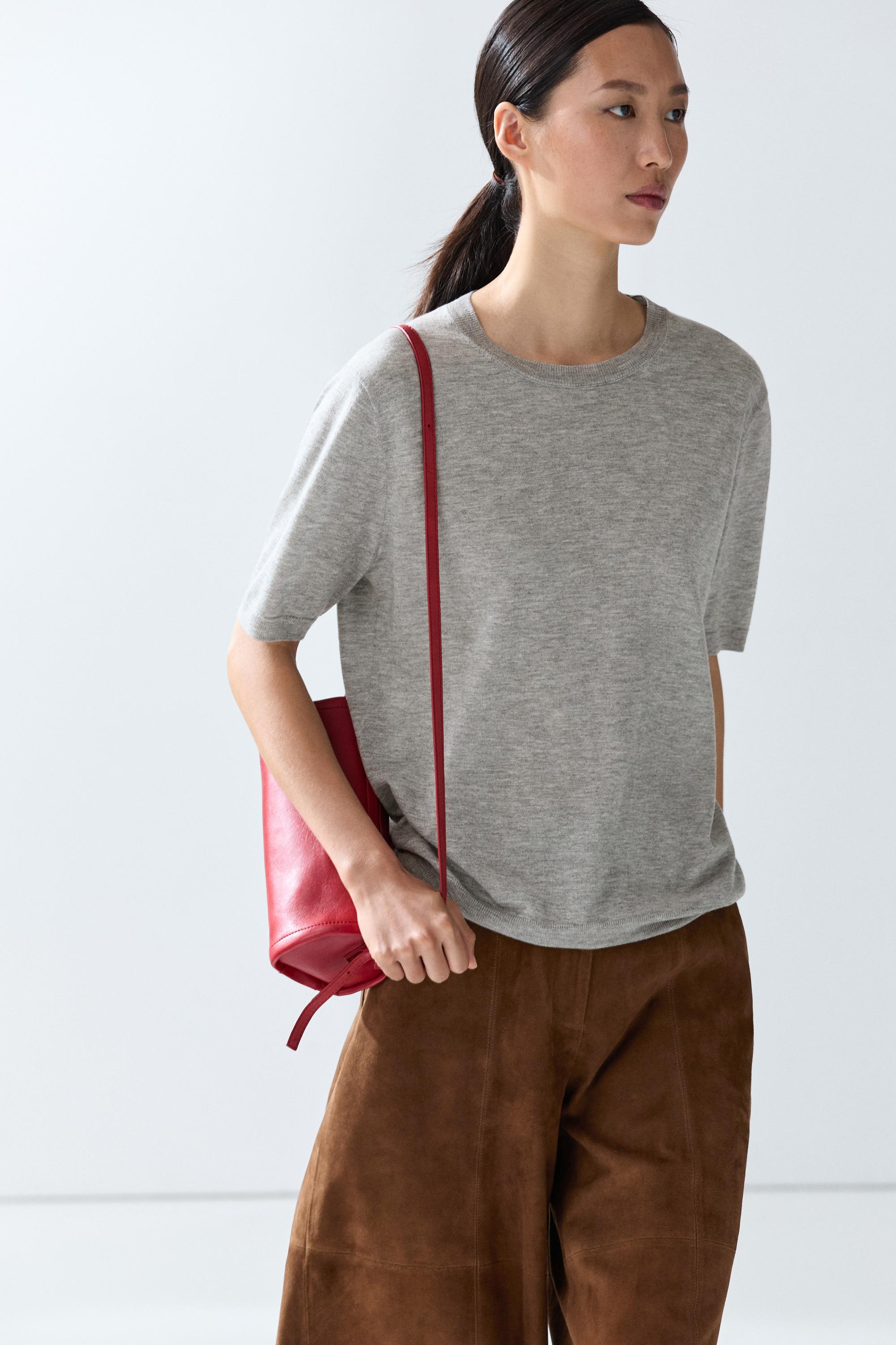 Short-sleeve fine-knit sweater — Gray marl