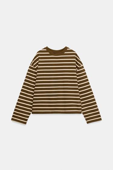 Zara STRIPED LONG SLEEVE T-SHIRT - Ecru / Brown