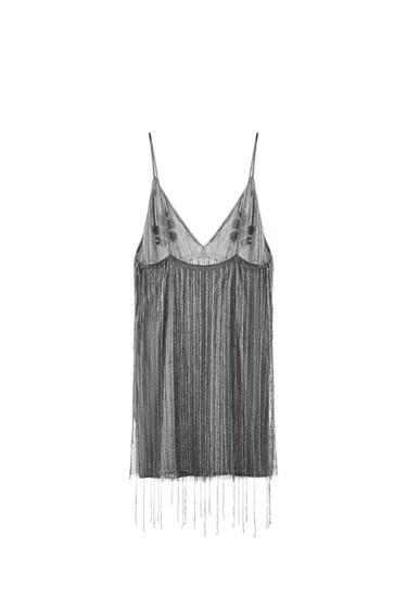 SHORT DRESS WITH FRINGING AND BEADS - Silver by Zara