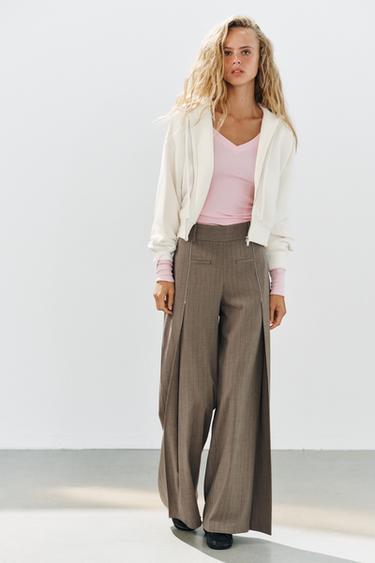 Zara PINSTRIPE PLEATED PANTS - Brown