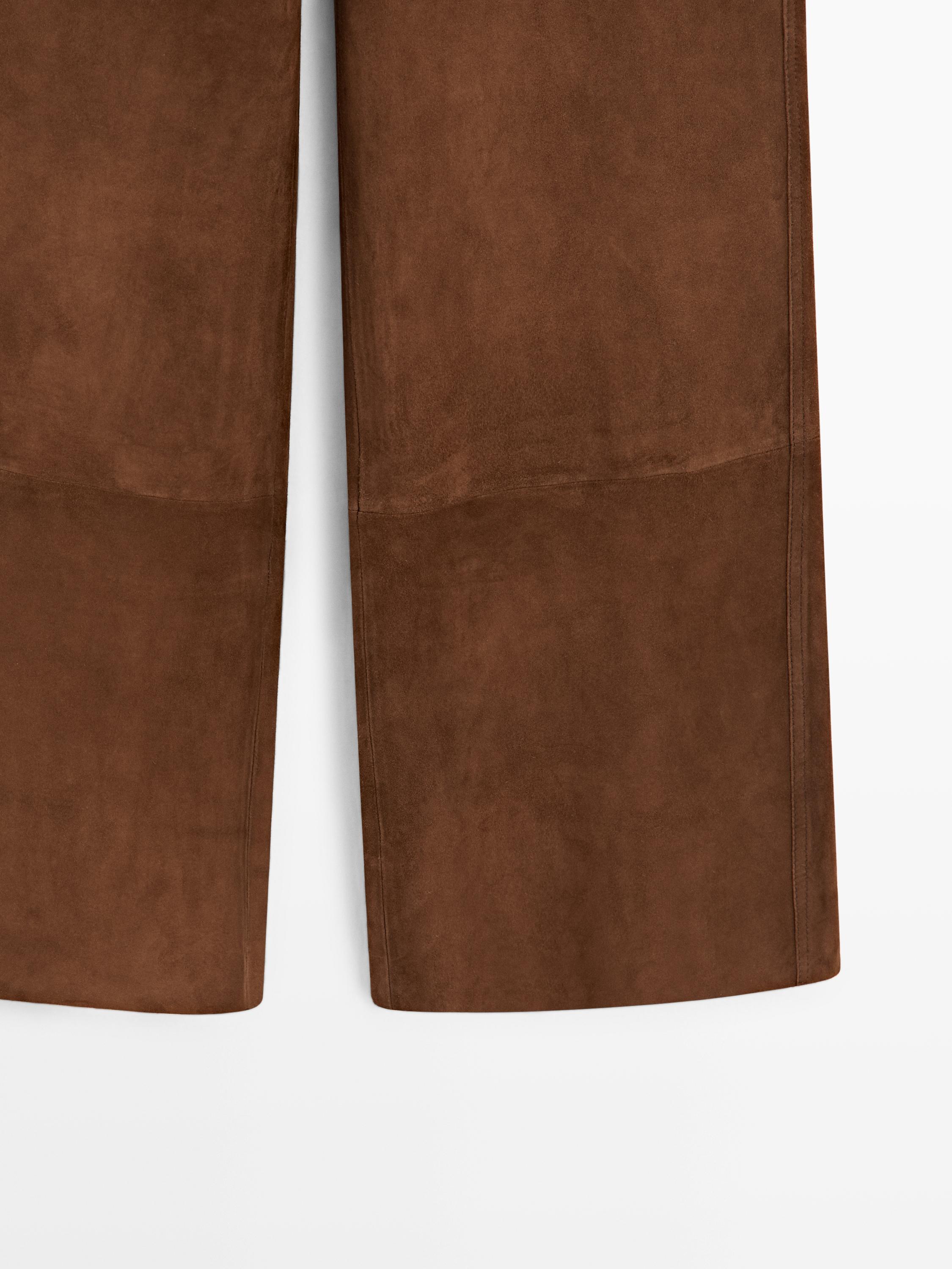 Suede leather wide-leg trousers with pockets