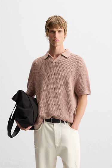OPEN KNIT STRUCTURE POLO SHIRT - Mink by Zara