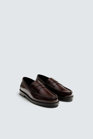 LEATHER PENNY LOAFERS - Burgundy Red by Zara