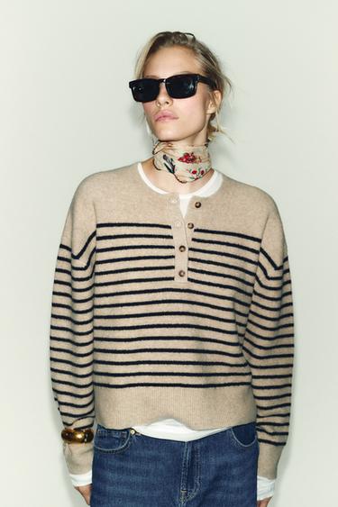 STRIPED KNIT SWEATER - Beige / Navy by Zara
