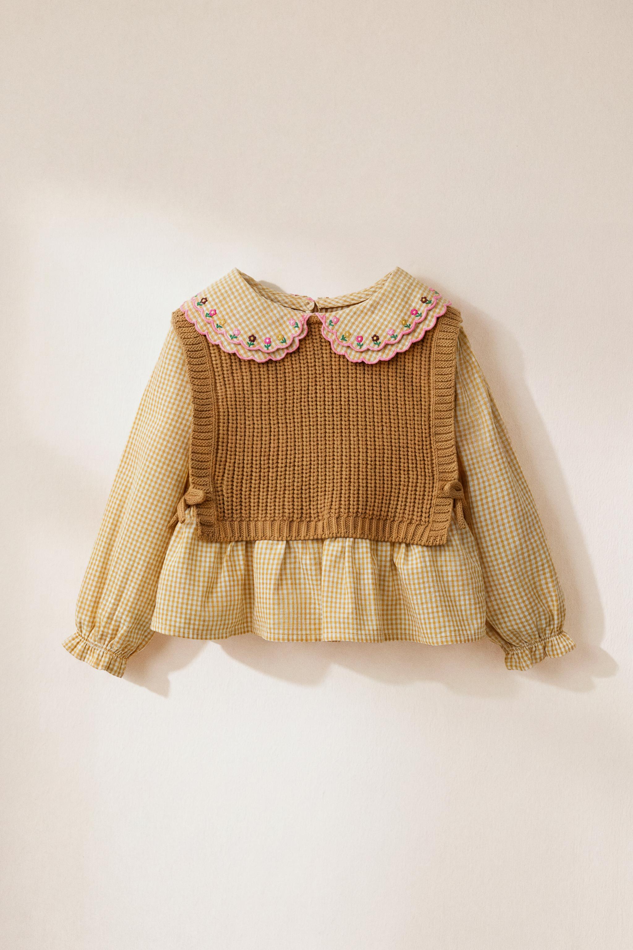 COMBINATION KNIT VEST WITH EMBROIDERED SHIRT — Mustard