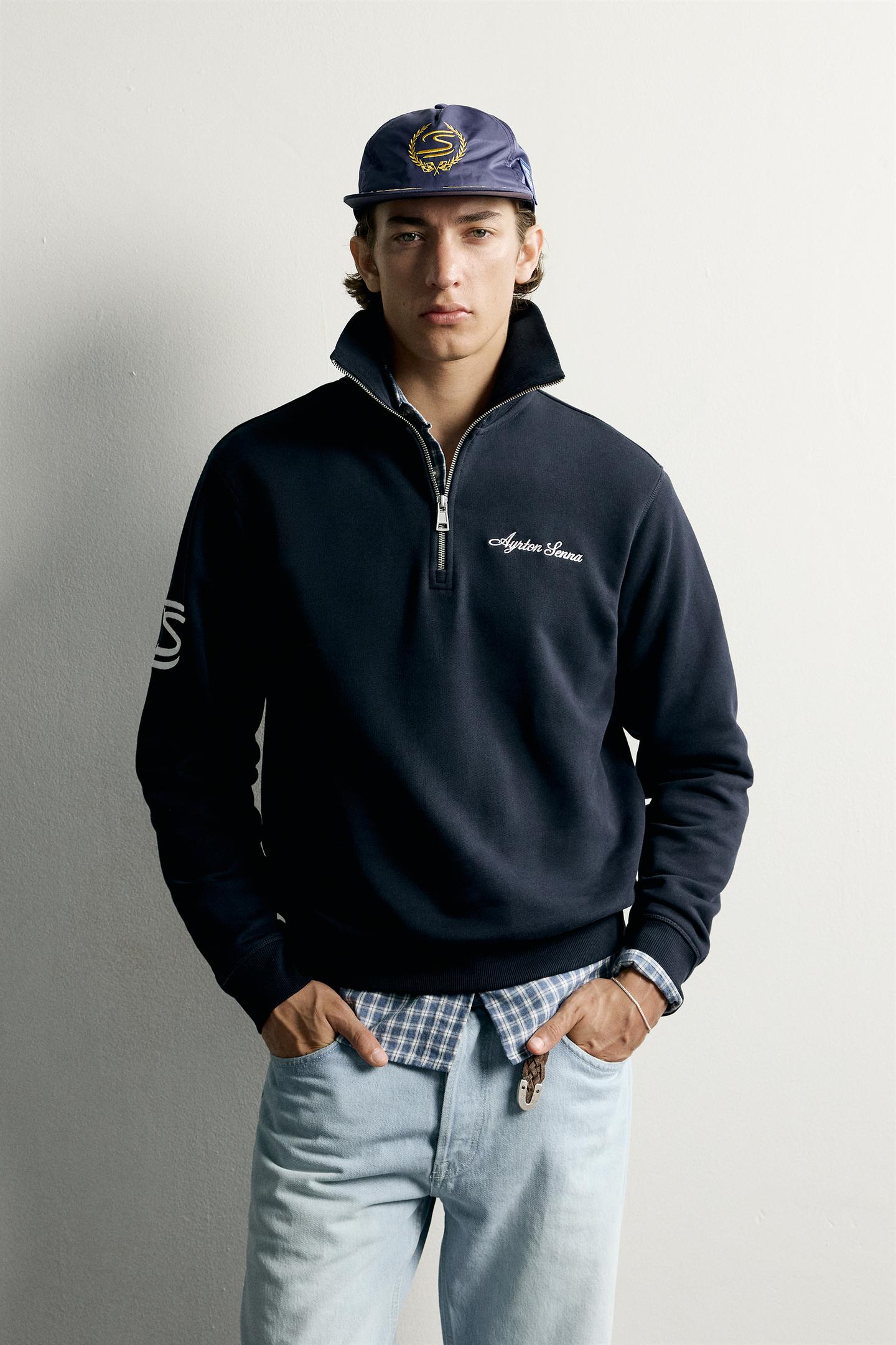 Мужская толстовка Zara Ayrton Senna © Senna Brands Embroidered Quarter-Zip, цвет: Тёмно-синий — фото 2