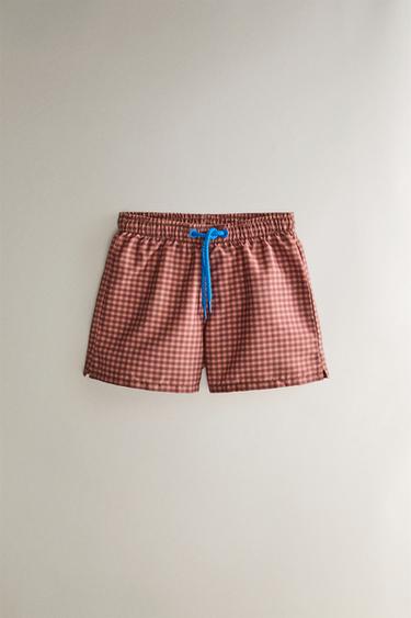 KIDS' CHECK BEACH SWIMMING TRUNKS — Burgundy 2