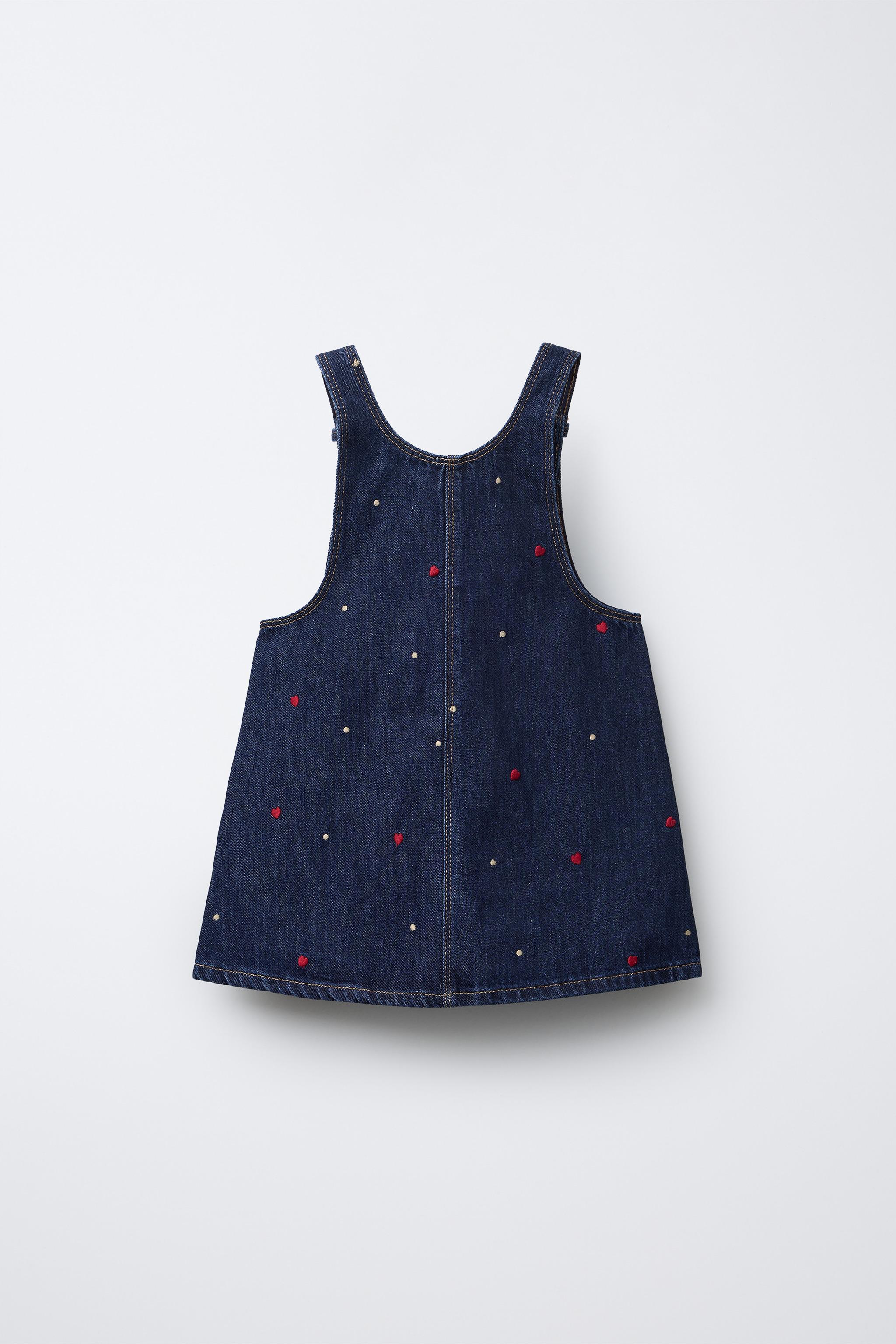 EMBROIDERED HEART DENIM PINAFORE DRESS