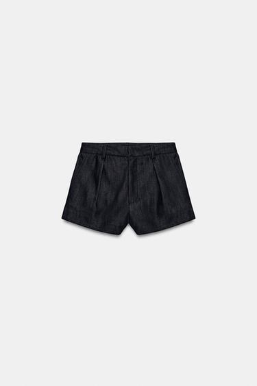 Zara ZW COLLECTION PLEATED DENIM SHORTS - Blue
