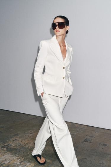 Zara ZW COLLECTION BUTTONED DENIM BLAZER - White