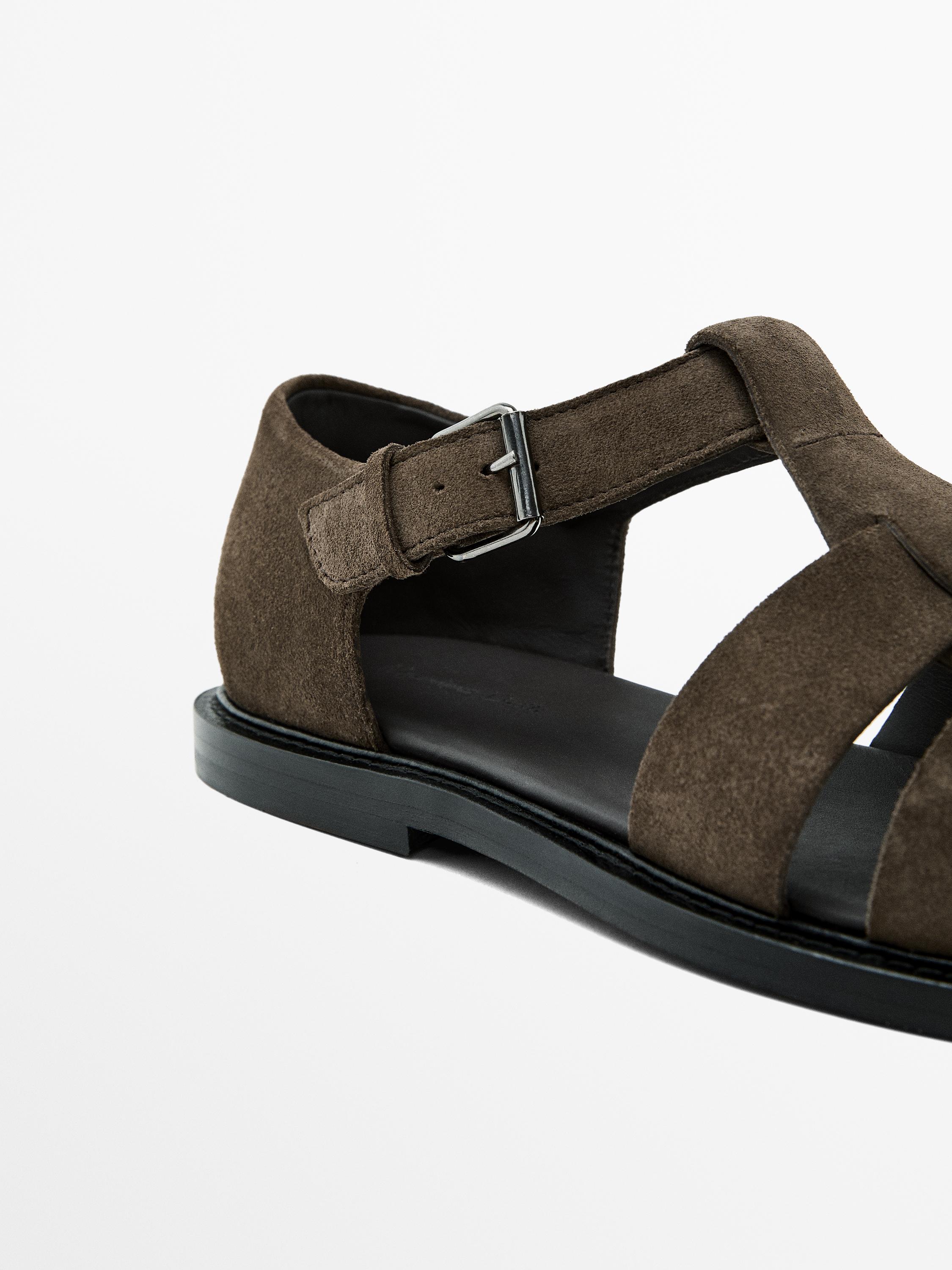 Leather cage sandals with split leather finish - Mink Gray | ZARA 