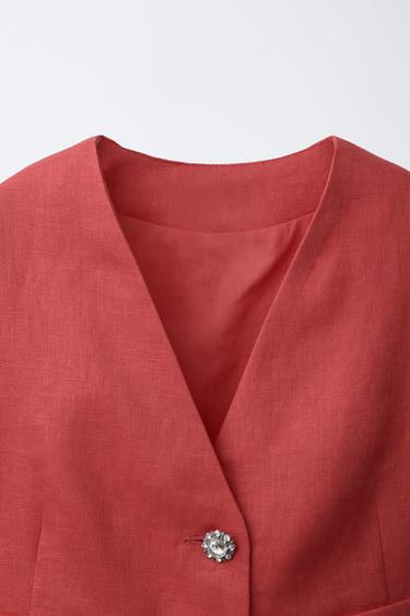 100% LINEN JEWEL BUTTON BLAZER - Coral red by Zara - Image 2