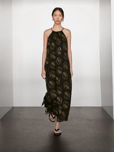 Vestido largo estampado con ramio - Marrón oscuro de Zara