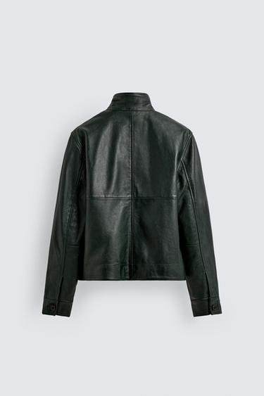 Zara RELAXED FIT LEATHER JACKET - Green