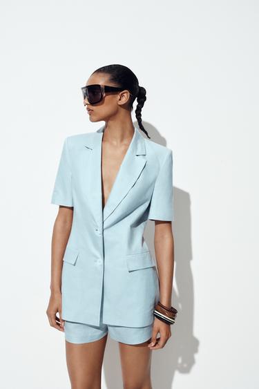 Zara FITTED SHORT SLEEVE LINEN BLAZER - Light blue