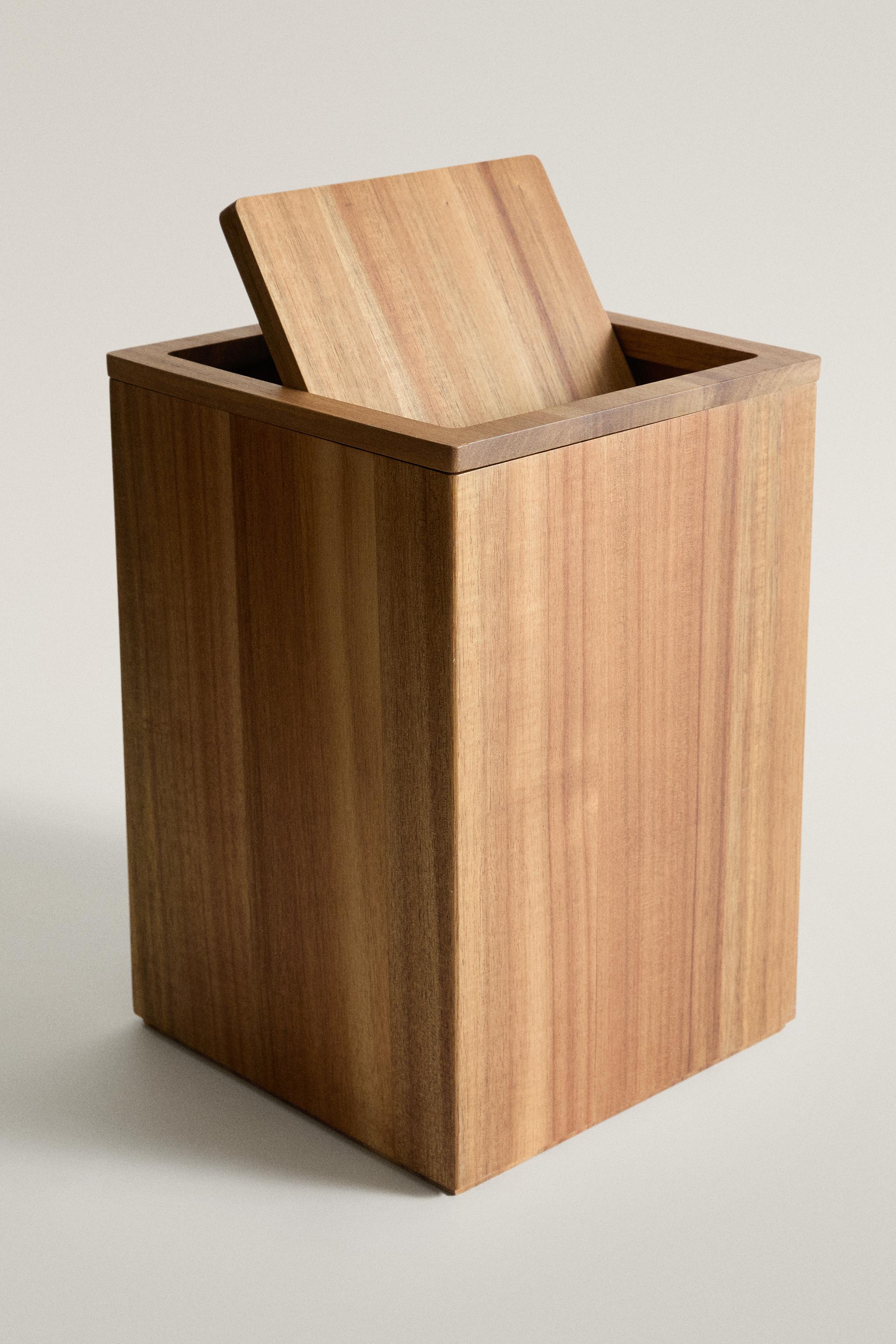 LARGE SQUARE WOODEN BATHROOM TRASH CAN