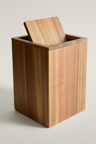LARGE SQUARE WOODEN BATHROOM TRASH CAN — Light beige 2