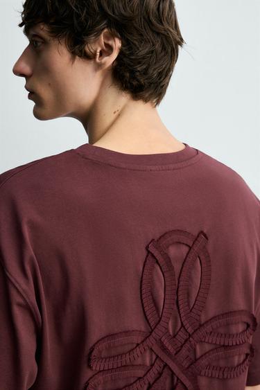 RELAXED FIT EMBROIDERED T-SHIRT - bordeaux/ecru by Zara - Image 5
